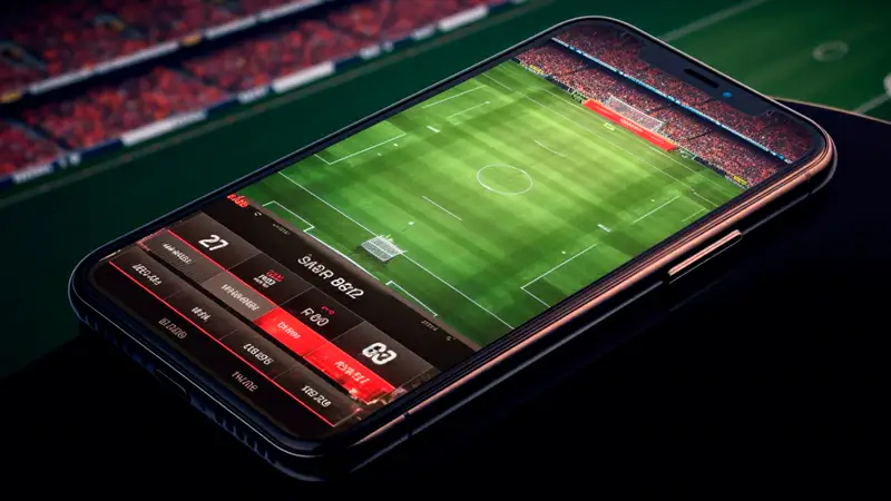 Foto de duas mão segurando um celular na horizontal enquanto passa um jogo de futebol.