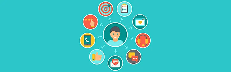 Diagrama de una persona rodeada de objetos relacionados a la atención al cliente