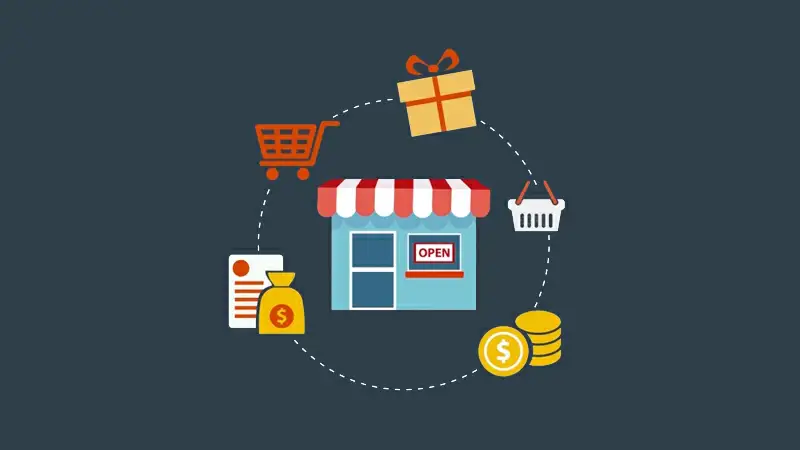 Atendimento em franquias Design gráfico de uma loja com ícones de carrinho de compras, moedas e caixas de presente ao redor