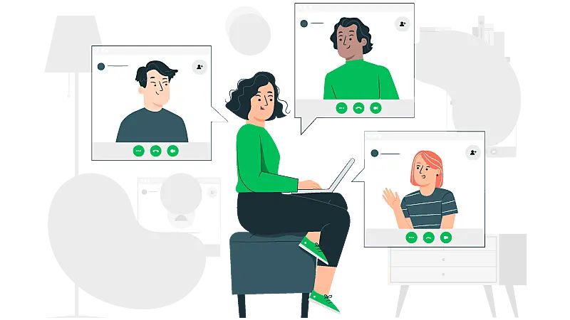 Imagem vetorizada de uma mulher fazendo vídeo conferência com atendimento humanizado