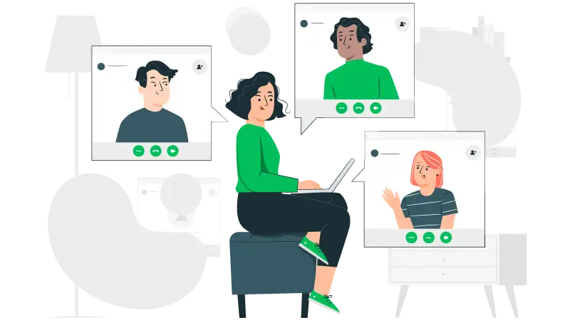 Imagem vetorizada de uma mulher fazendo vídeo conferência com atendimento humanizado