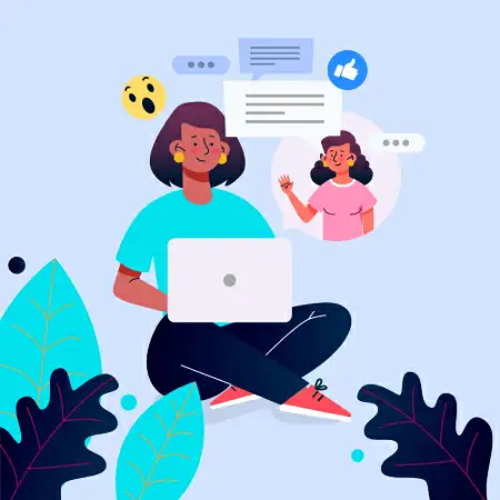 Ilustração de mulher usando laptop enquanto conversa online por mensagens e emojis.