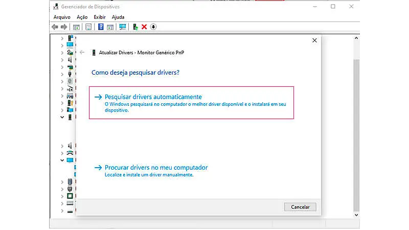imagem que mostra a opção "Pesquisar Drivers Automaticamente" destacada em vermelho
