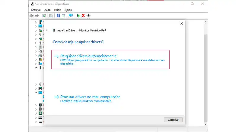 Atualizador de Drivers imagem que mostra a opção "Pesquisar Drivers Automaticamente" destacada em vermelho