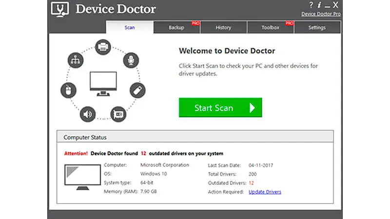 imagem que mostra a interface do atualizador de driver gratuito Device Doctor
