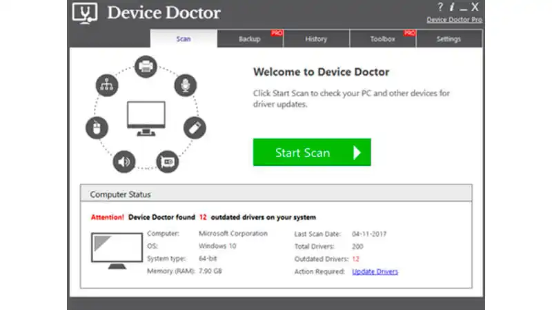 Device Doctor imagem que mostra a interface do atualizador de driver gratuito Device Doctor