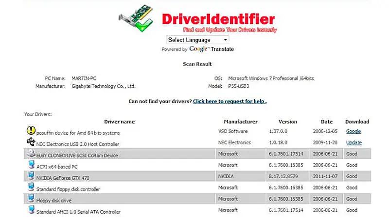imagem que mostra a interface do atualizador de driver gratuito Driver Identifier