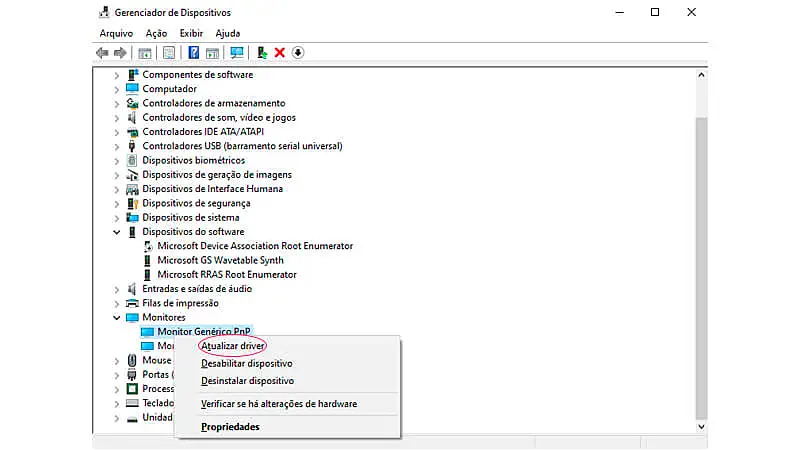 imagem que mostra a função Atualizar Driver circulada em vermelho