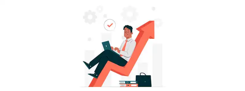produtividade gestor fazendo automação de vendas ao lado de uma seta para cima indicando produtividade