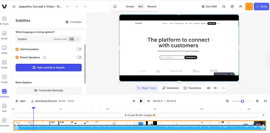 VEED.IO editor with auto-subtitle settings on the left, a video preview in the center, and a timeline with subtitle segments at the bottom.