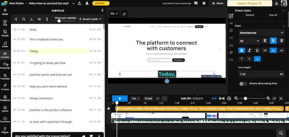 Kapwing video editor interface with subtitle editing tools, transcript lines on the left, a video preview in the center, and style customization options on the right.