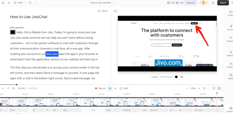 Descript interface displaying an editable transcript on the left, a video preview on the right, and a timeline with video and subtitle elements below.