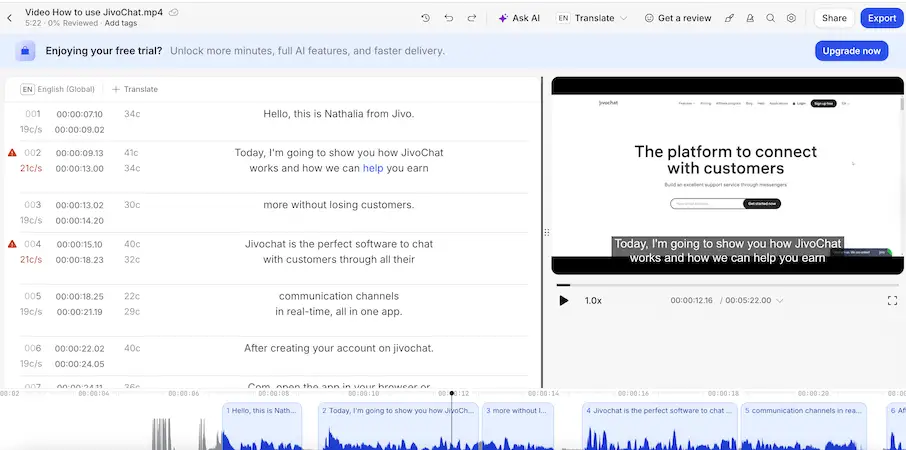 Dashboard of Happyscribe displaying an automated transcript on the left and a video preview with subtitles on the right, showing a tutorial about JivoChat.