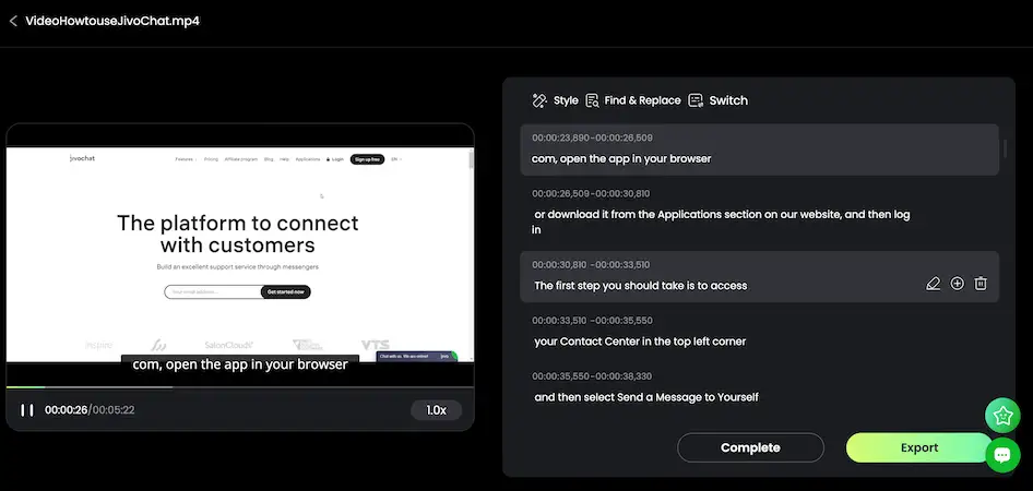 RecCloud subtitle editor showing a video preview on the left and subtitle text boxes with timestamps on the right, along with an export button.