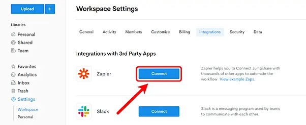 Workspace settings panel with a red arrow pointing to a "Connect" button for a Zapier integration.