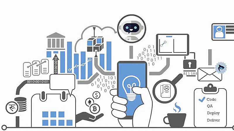 Ilustración de un teléfono celular y varias flechas y varios gráficos