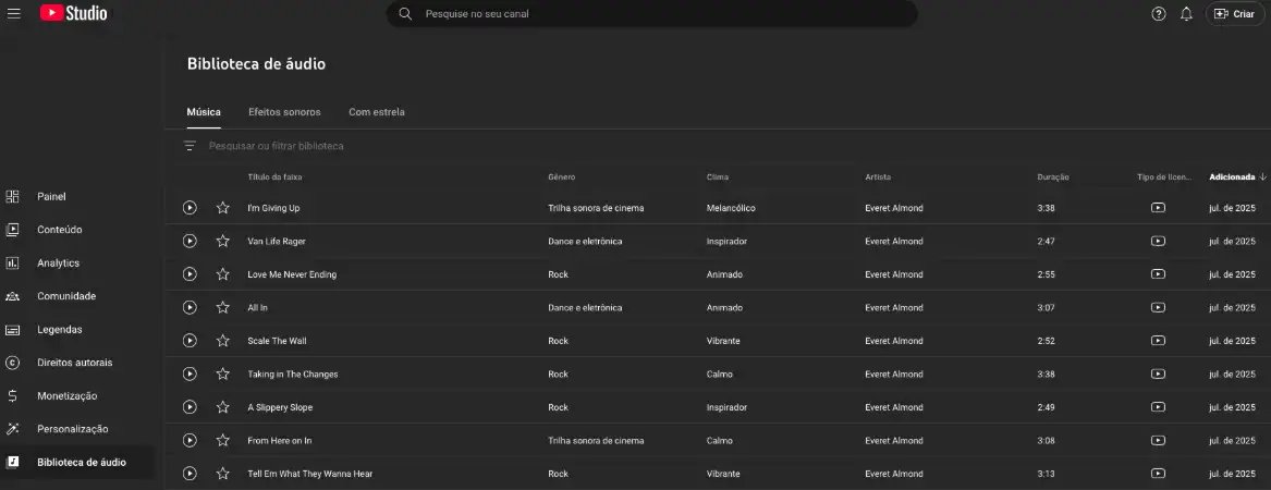 Captura de tela do YouTube Audio Library
