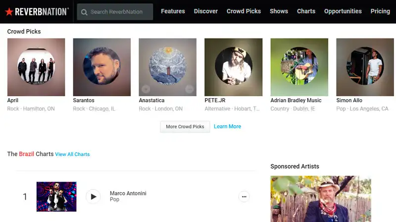 Captura de tela do site para baixar música  ReverbNation