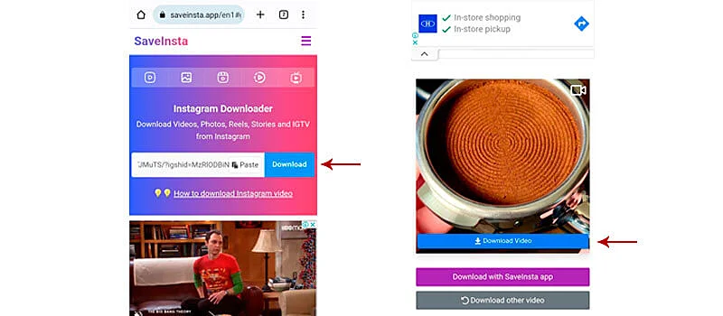 capturas de tela mostrando os últimos passos de como baixar video do instagram pelo celular