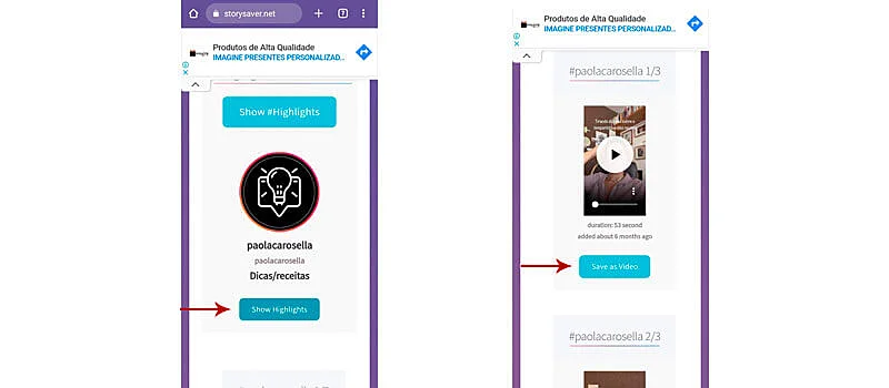 captura de tela mostrando os ultimos passos de como baixar vídeos do instagram do destaque de um perfil publico