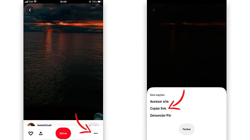 Capturas de tela explicando como copiar o link de vídeos do Pinterest