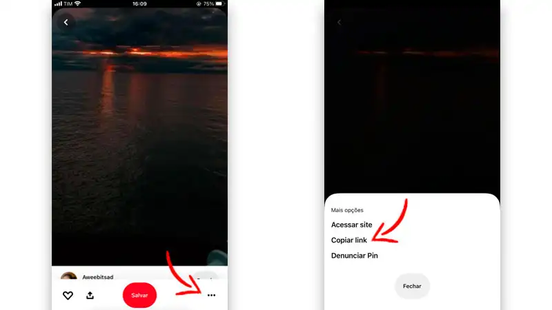 Como copiar links Capturas de tela explicando como copiar o link de vídeos do Pinterest