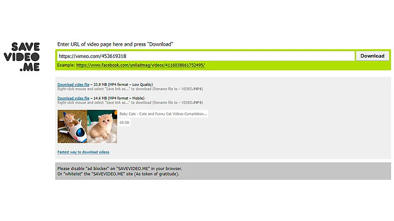 Captura de tela do site SaveVideo.me