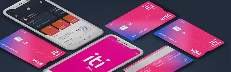 Banco Digital Imagem com diversos cartões Iti e celulares com aplicativo Iti