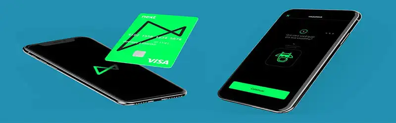 Banco digital Foto de dois celulares e um cartão de crédito com logo do Banco Next