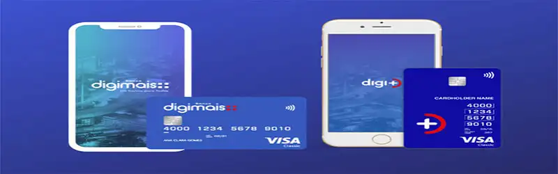 Banco digital Foto de dois celulares e um cartão de crédito com logo do Digi+
