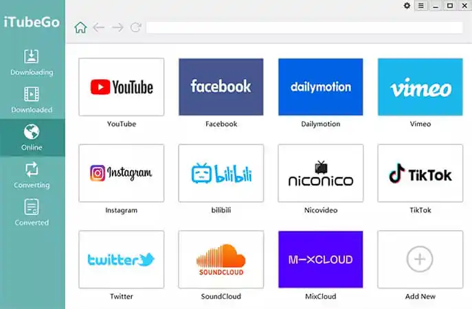 Captura de tela da interface do iTubeGo exibindo as plataformas que podem baixar vídeo, incluindo o Facebook