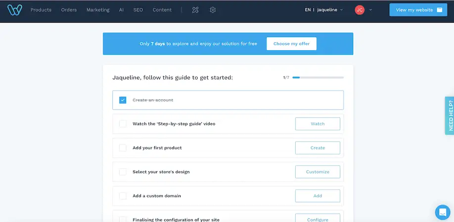 Ecommerce platform - WiziShop WiziShop onboarding dashboard showing a step-by-step checklist to add products, choose a design, and configure the online store
