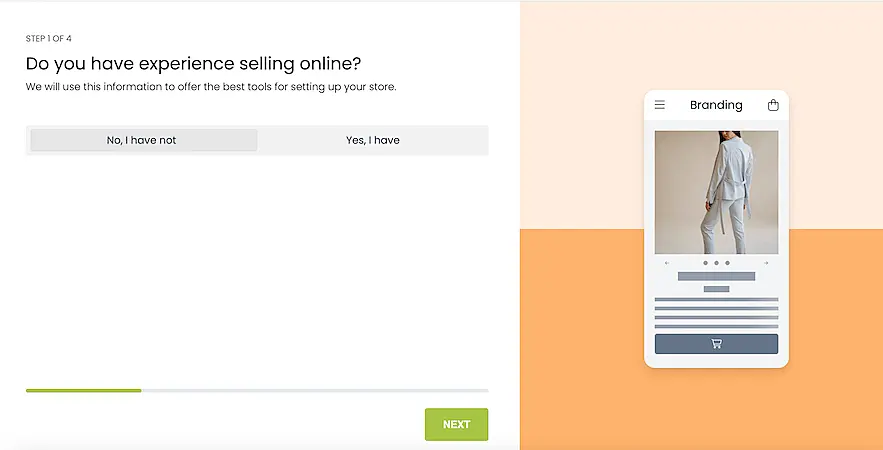E-commerce onboarding screen asking if the user has experience selling online, with options to select "Yes, I have" or "No, I have not."