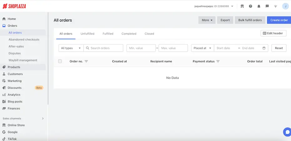 Ecommerce platform - Shoplazza Shoplazza admin dashboard showing the "All orders" section with no data available and navigation menu for products, customers, and marketing tools.