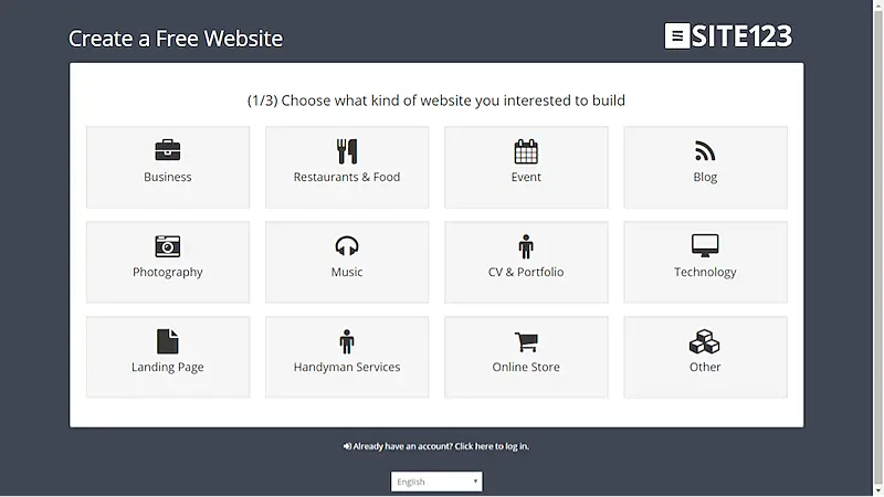 SITE123 website builder editor displaying a clothing store homepage with sections for Home, About, Services, Testimonials, and Contact.