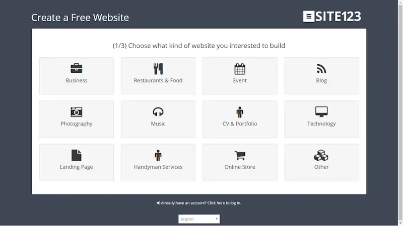 SITE123 page to choose the kind of website you want to build.