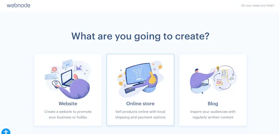 Ecommerce platform - Webnode Webnode start screen asking "What are you going to create?" with options for Website, Online store, or Blog.