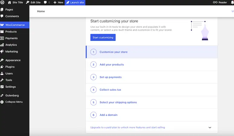 Ecommerce platform - WooCommerce  WooCommerce setup page guiding users through steps to customize the store, add products, set up payments, and configure shipping.