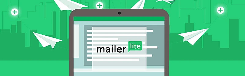 The image shows MailerLite Logo inside a laptop screen, and around it, there are several paper airplanes flying.