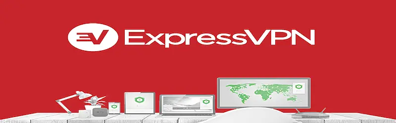 The image shows Express VPN's logo and below it there are several devices, a desktop, laptop, tablet, and a smartphone.