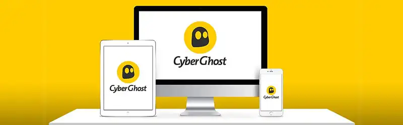 Best VPN for multiple devices - CyberGhost CyberGhost's logo appears on  a desktop screen,  a tablet, and a smartphone