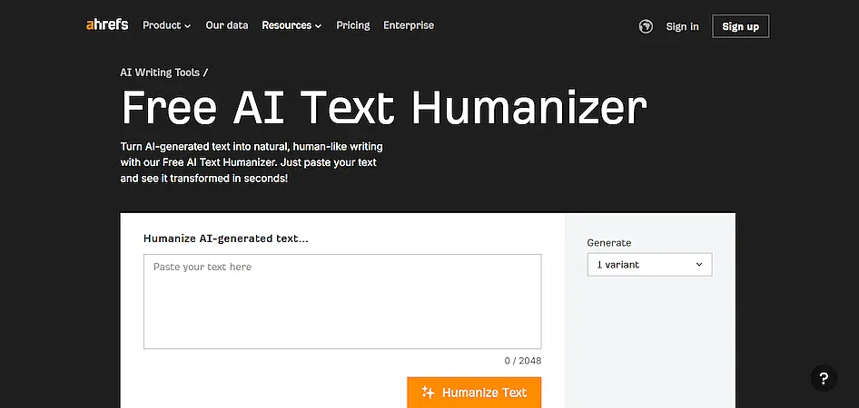 Ahrefs  Freee Ai Text Humanizer page