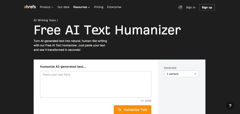 Ahrefs  Freee Ai Text Humanizer page