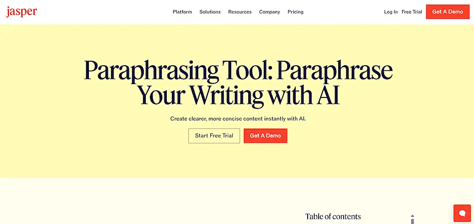 Jasper AI Paraphrasing Tool website