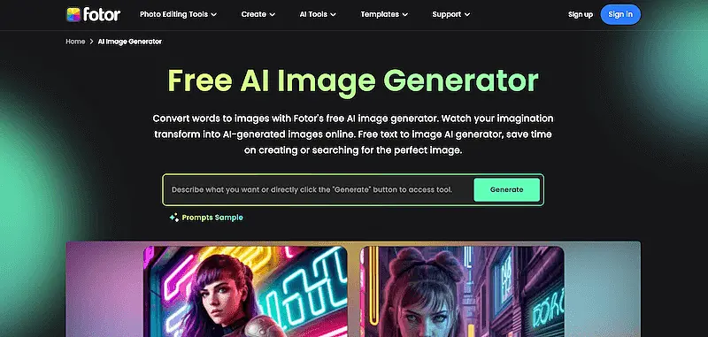 Fotor AI image generator page