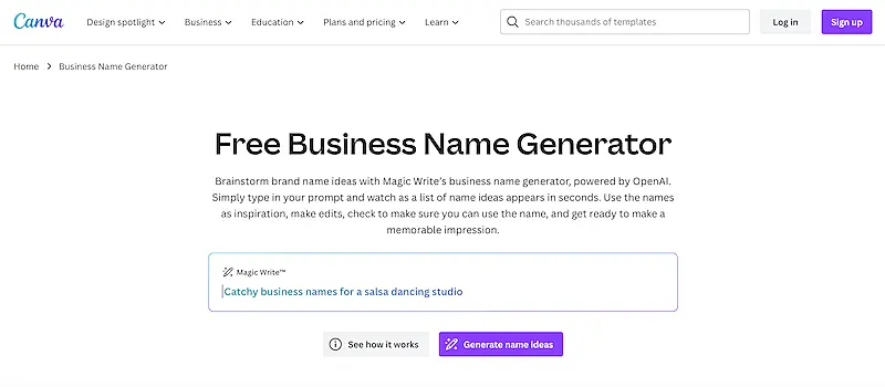 Canva business name generator page