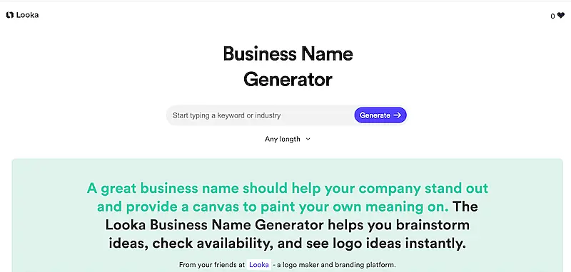 Looka business name generator page