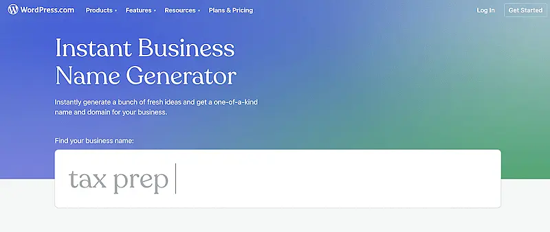 WordPress instant business name generator page