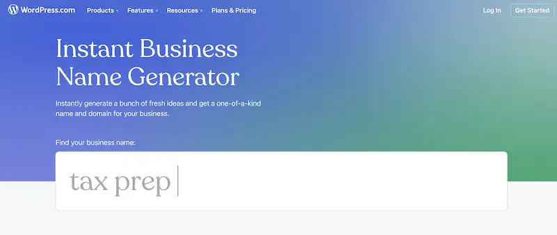 WordPress instant business name generator page