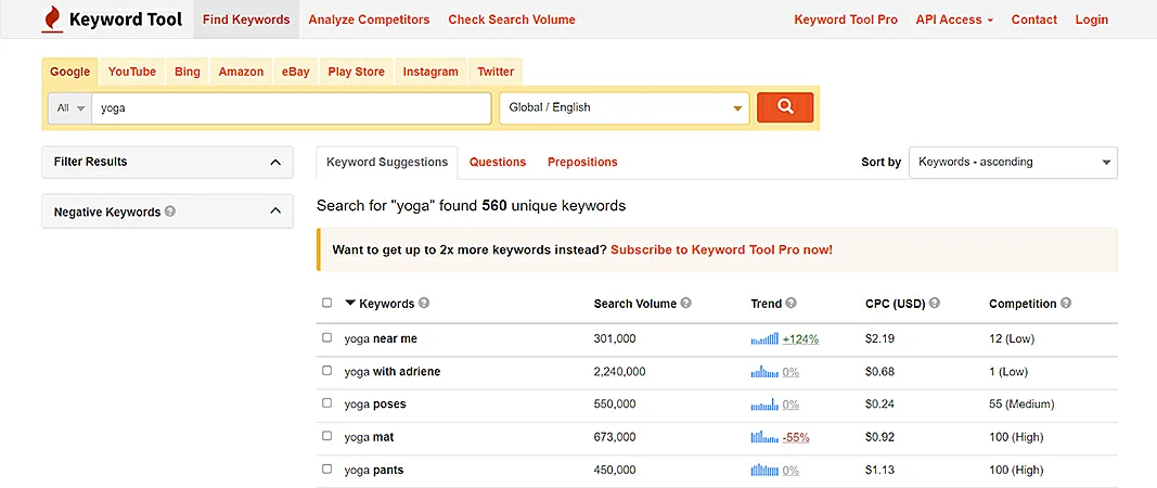 Keyword tool interface